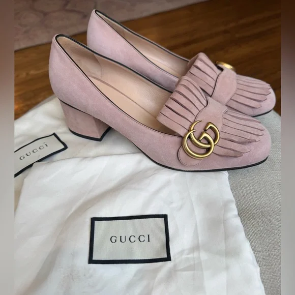 Gucci GG Kiltie Fringe Mid Heel Crystal Pink Suede w/ Gold Pump Women's 38.5 - Picture 2 of 16